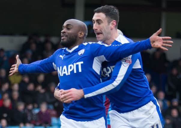 Jamal Campbell-Ryce celebrates his goal after joining Chesterfield on loan on the morning of the game.Photo: James Williamson