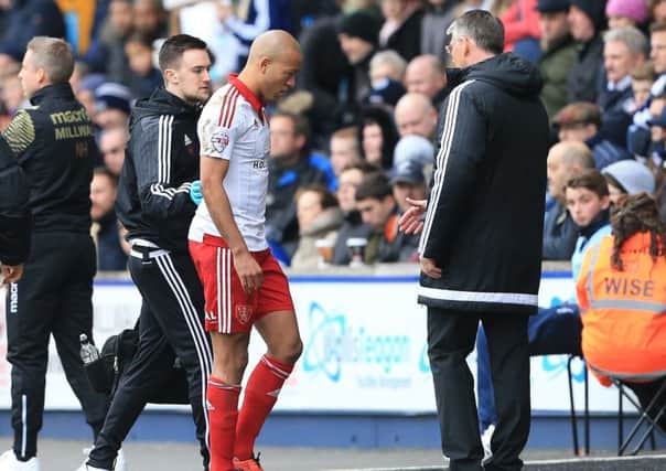 Sheffield United's Nigel Adkins looks on as Alex Baptiste goes off injured Â©2016 Sport Image all rights reserved