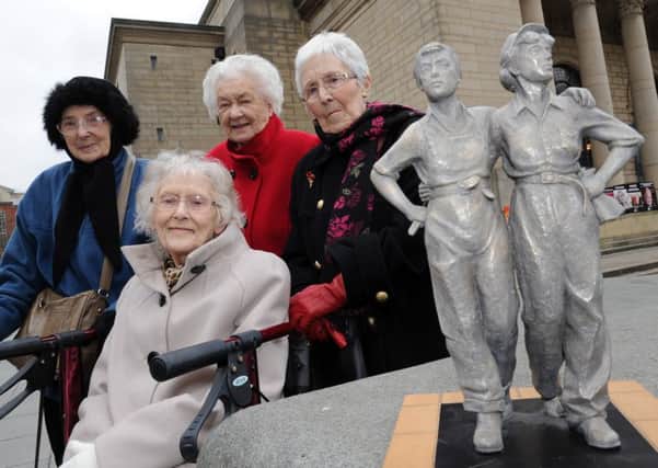 Women of Steel Dorothy Slingsby, Ruby Gascoigne, Kathleen Roberts and Kit Sollitt (front) outside the Sheffield City Hall where the Women of Steel statue will be placed