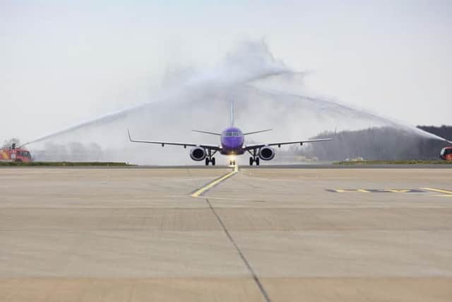 First Flybe aircraft lands at Robin Hood Airport ahead of the first flight to Paris. Picture: Shaun Flannery