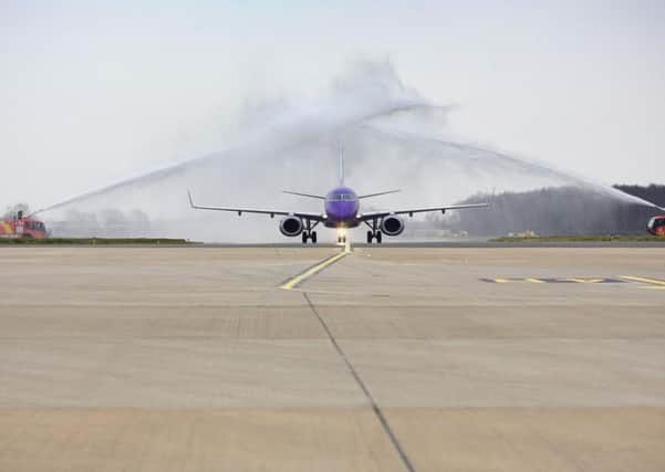 First Flybe aircraft lands at Robin Hood Airport ahead of the first flight to Paris. Picture: Shaun Flannery