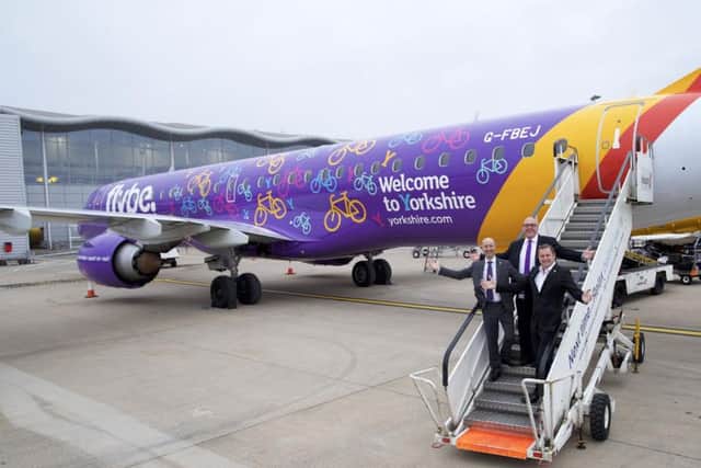 L-R Steve Gill, Managing Director DSA, Vincent Hodder, Chief Revenue Officer Flybe, Sir Gary Verity, Welcome To Yorkshire. Picture: Shaun Flannery