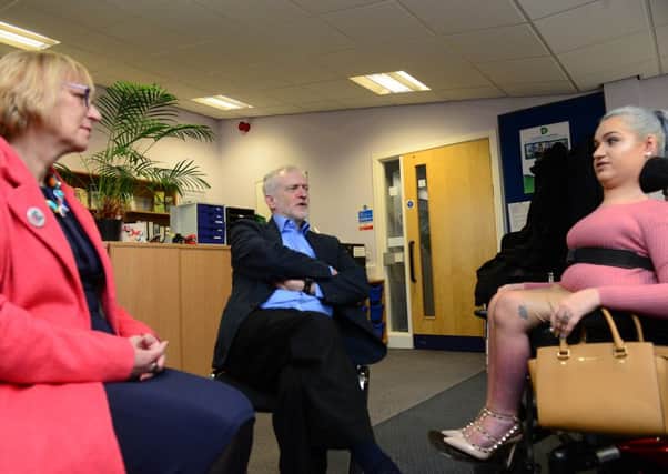 24 March 2016.....Labour Leader Jeremy Corbyn, along with Sheffield Brightside and Hillsborough candidate Gill Furniss, chat with Project Coordinator Tess Daly during a visit to Disability Sheffield. Picture Scott Merrylees