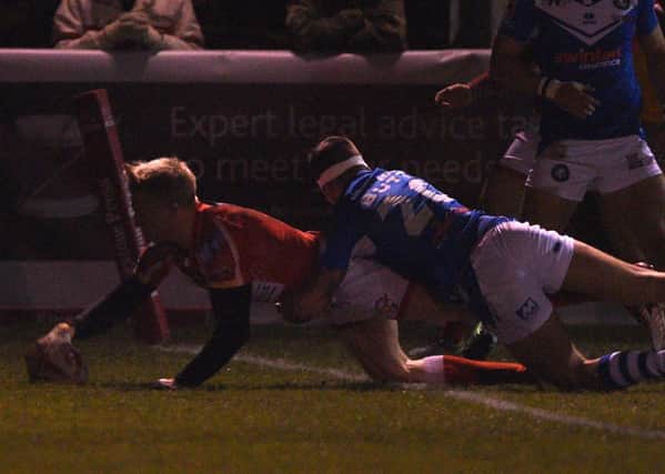 Sheffield Eagles' George Tyson, pictured scoring a try against Swinton Lions, was recalled for the trip to Dewsbury