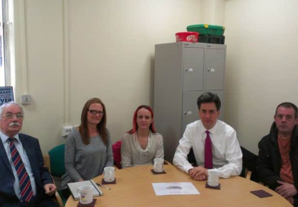 rom l to r:- Murdo Macleod, of the credit union, credit union member Maureen Jones, credit union member Andrea Young, Ed Miliband MP and credit union member Lee Machin.