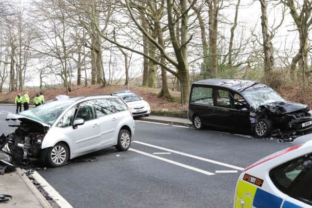 Scene picture near Stocksbridge, South Yorkshire, where a crash between a hearse and a car closed the A616 in both directions this afternoon. Pic: Ross Parry