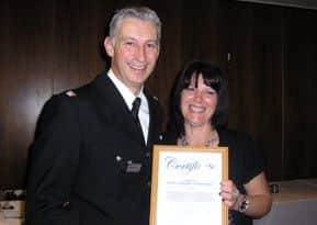 Jayne Senior receiving a District Commanders award for her work in helping a criminal investigation into child sexual exploitation in Rotherham