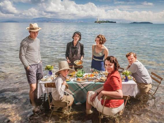 Josh OConnor as Larry Durrell, Milo Parker as Gerry Durrell, Anna Savva as Lugaretza, Daisy Waterstone as Margo Durrell, Keeley Hawes as Louisa Durrell and Callum Woodhouse as Leslie Durrell. Photo: ITV.