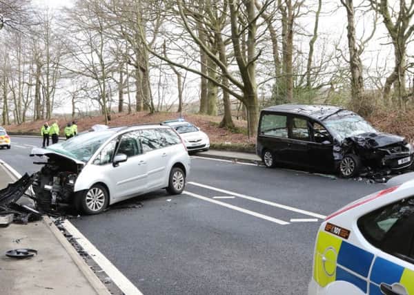 Scene picture near Stocksbridge, South Yorkshire, where a crash between a hearse and a car closed the A616.