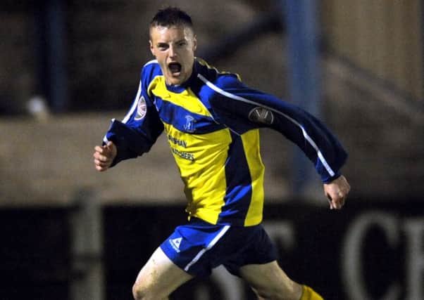 Jamie Vardy celebrates scoring for Stocksbridge in the Unibond Division One South play-off semi-final in 2009. Pic: Steve Ellis
