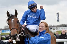 William Buick celebrates after riding Secret Brief to victory in the Betway Lincoln (Heritage Handicap)   at Doncaster. Picture: Anna Gowthorpe/PA Wire.