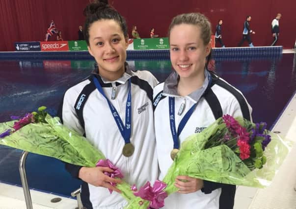 Millie Haffety, left, and Mille Fowler, who won the  3m synchro gold at  the National Junior Elite Diving Championships.