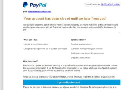 A Paypal scam e-mail, which Action Fraud, the national fraud and cybercrime reporting agency, are warning against.
