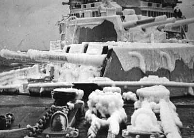 Frozen vessels in the Russian Arctic Convoys would often be covered with ice in the sub zero conditions.