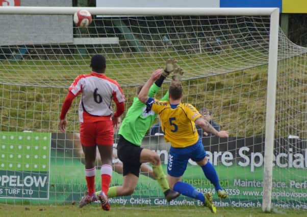 Stocksbridge's Liam McFadyen puts a cross over the bar on the stretch but went on to grab stoppage time equaliser. Photo: Gillian Handisides