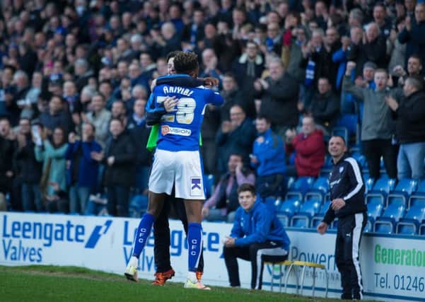 Chesterfield vs Doncaster Rovers - Gboly Ariyibi celebrates his goal with Connor Dimaio - Pic By James Williamson