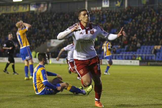 Che Adams celebrates scoring Sheffield United's winning goal at Shrewsbury. Picture: Sport Image