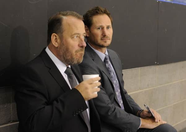 Sheffield Steelers' coach Paul Thompson, with Darrell Hay, right at iceSheffield. Picture Dean Woolley.