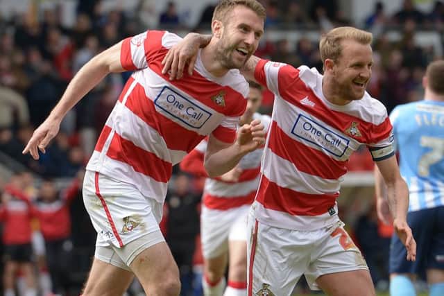 Rovers'  Andy Williams celebrates his goal with James Coppinger. Photo: Howard Roe