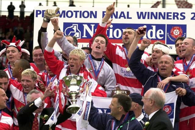 Doncaster Rovers celebrate after winning the Conference Play-Off Final in 2003.