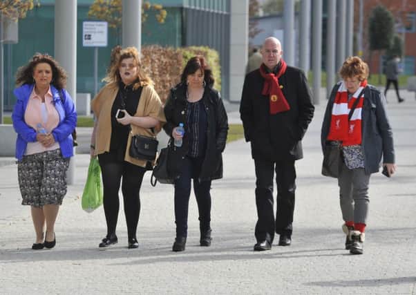 Families of the 96 victims that died at the Hillsborough disaster on the 15th April 1989 arrive at Birchwood coroners court in Birchwood, Mersey., ahead of the inquest verdict.