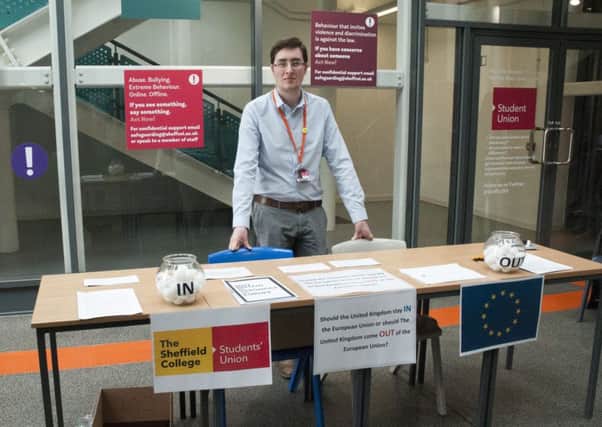 James Bangert, President of Sheffield College Students Union, holds a mock EU referendum.