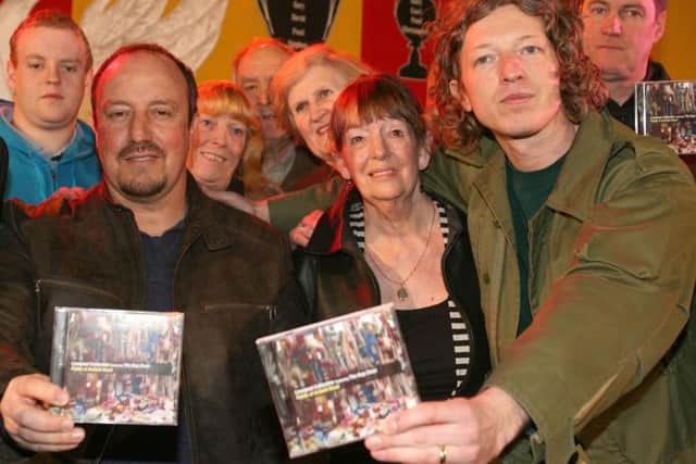 Pat Joynes in 2009 with then Liverpool manager Rafa Benitez and John Power from Cast at the launch  of the Fields of Anfield Road CD in aid of the Hillsborough Family Support Group at Picket in Liverpool.