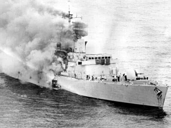 HMS Sheffield ablaze on May 4, 1982.