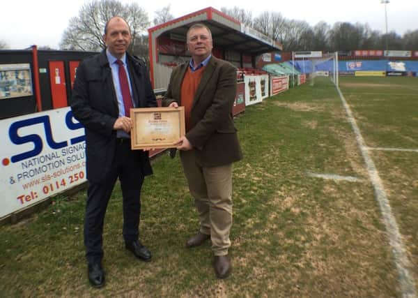 Sheffield FC chairman Richard Tims with Henry Boot PLC group general counsel and company secretary Russell Deards. The firm is the first to sign up to the "1857 Club" which aims to raise money for the football club to move back to its original ground.