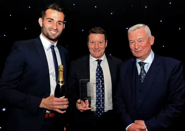 Sam Hird wins the Chesterfield Player of the Year with Danny Wilson and George Forsyth at The Star Football Awards. Picture: Andrew Roe