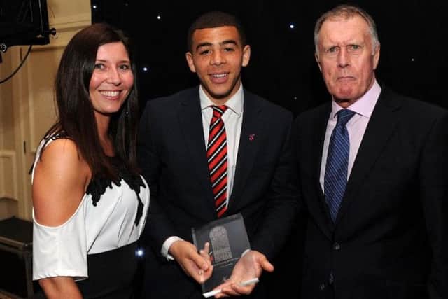 Che Adams wins the Young Player of the Year with Kelly Bailey and Sir Geoff Hurst at The Star Football Awards. Picture: Andrew Roe