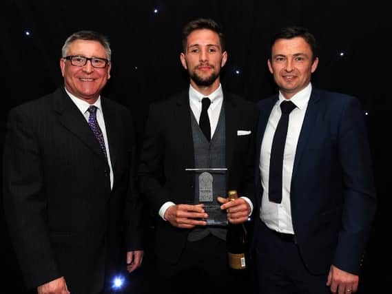 Conor Hourihane wins the Barnsley Player of the Year with Andrew Deniff and Paul Heckingbottom at The Star Football Awards. Picture: Andrew Roe