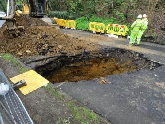 The hole at Hutcliffe Wood Road which opened up in April.
