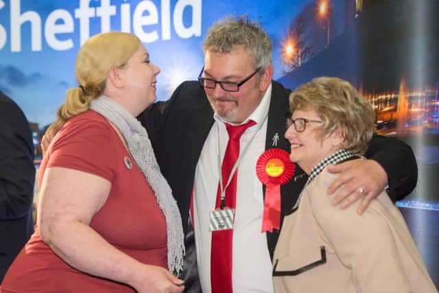 Local Election Count 2016Labours Lisa Banes, Terry Fox and Pat Midgley celebrate on stage after being elected at EISPicture Dean Atkins