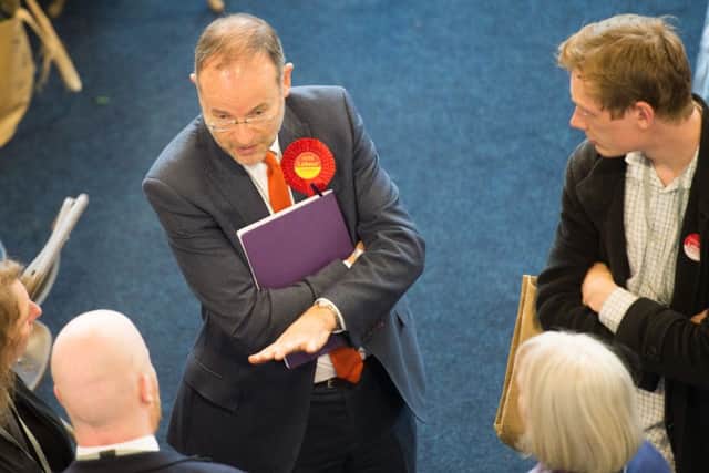 The local election count gets underway at Sheffield's English Institute of SportPaul Blomfield MP in conversation with Labour party colleaguesPicture Dean Atkins