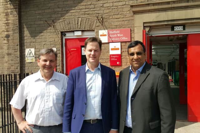 Sheffield city councillors for Ecclesall Roger Davison and Shaffaq Mohammed with Sheffield Hallam MP Nick Clegg campaigning to save the Royal Mail south west sheffield delivery office in Ecclesall Road.