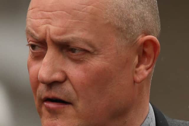 Lee Walls, 46, leaves Sheffield crown court today May 10 2016. Five men, including three current or former police officers and two current or former pilots, have appeared at Sheffield Magistrates Court following an investigation into the misuse of the camera on a police helicopter.