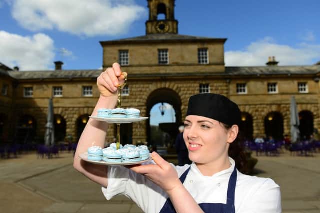 19 April 2016...The Duke and Duchess of Devonshire officially launch the new afternoon tea restaurant, ' Flying Childer's' , at Chatsworth. Patisserie chef Vicki Wilson with some of the specially created macarons.  Picture Scott Merrylees