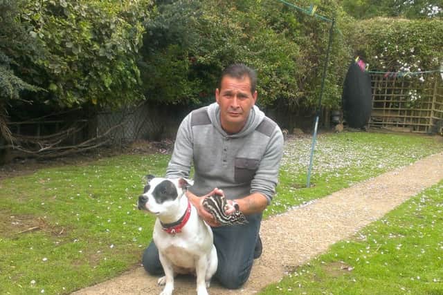 Wayne Brown, aged 48, of Intake, Doncaster, with his pet dog Patches and pet emu Hercules. Hercules hatched at the beginning of May after Wayne took on some eggs for his hens to keep warm, not knowing an emu was inside one of them.