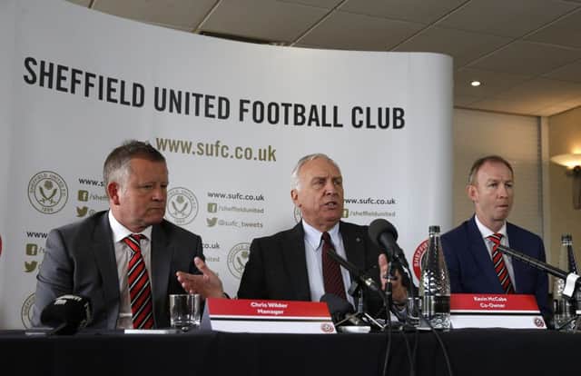 Chris Wilder, the new manager of Sheffield United, Kevin McCabe, co-owner, and Alan Knill, assistant manager, during today's Press conference at Bramall Lane 
Â©2016 Sport Image all rights reserved