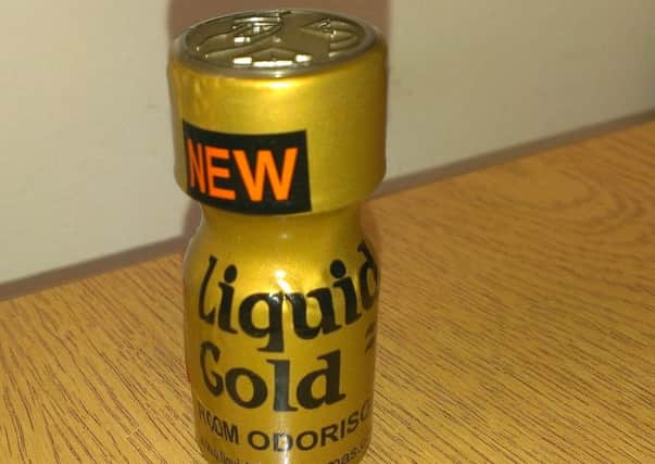 A bottle of liquid gold odoriser, a substance which is legal but can be misused. The product was for sale at St George's Service Station, Doncaster, but has since been removed from the shelf. The bottle clearly has danger warnings on it.