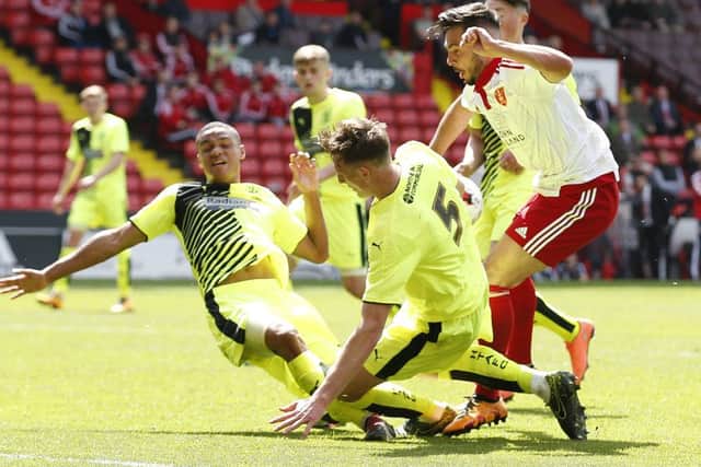 Diego De Girolamo of Sheffield Utd has a shot blocked during the PDL U21 Final at Bramall Lane. Simon Bellis/Sportimage