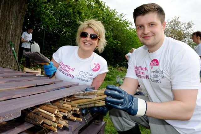Danielle Lee and Lewis Simpson, of Sheffield Business School make a bug hotel at a Give and Gain Charity Day at Mansel Primary School. Picture: Andrew Roe