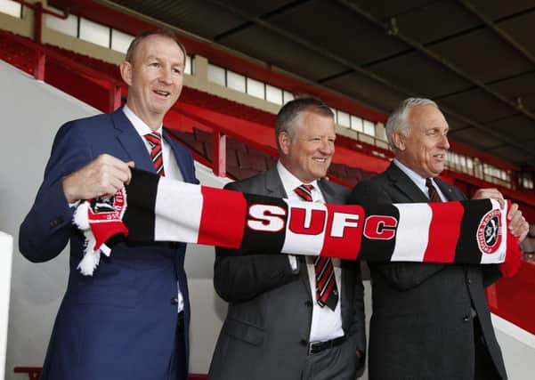 Alan Knill assistant manager, Chris Wilder the new manager of Sheffield Utd and Kevin McCabe co-owner  during the Press conference at Bramall Lane Sheffield. Photo credit should read: Simon Bellis/Sportimage  -------------------- Sport Image 15/16 Sheffield Utd new manager  13 May 2016 Â©2016 Sport Image all rights reserved
