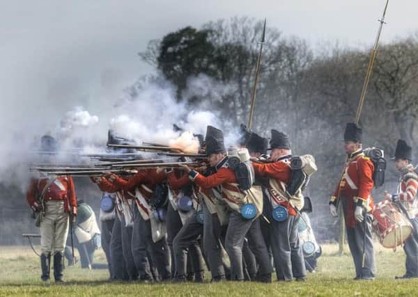The Coldstream Guards Regiment of Foot Guards 1815 during a re-enactment.