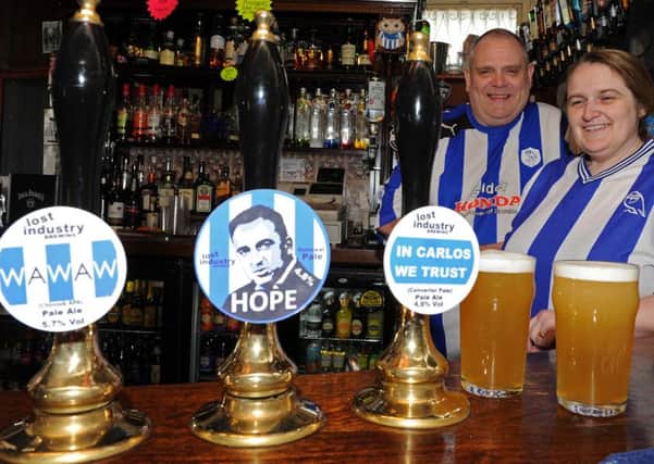 Kev and Steph Woods, of the New Barrack Tavern, have new ales in, including Carlos Carvalhal Hope, for the play-off final which Sheffield Wednesday are in. Picture: Andrew Roe