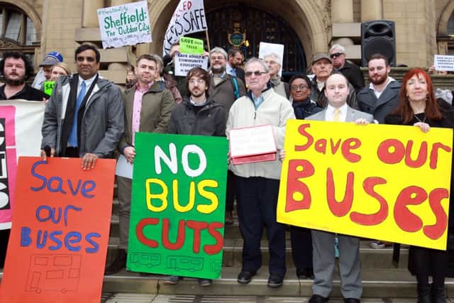 Tree and bus cut protestors outside Sheffield Town Hall