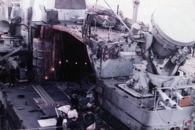 HMS Glamorgan after the missile attack on June 12, 1982.