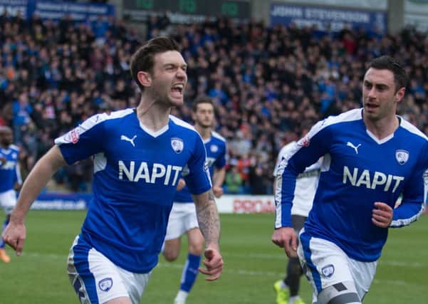 Chesterfield vs Bury - Jay O'Shea celebrates after scoring from the spot - Pic By James Williamson
