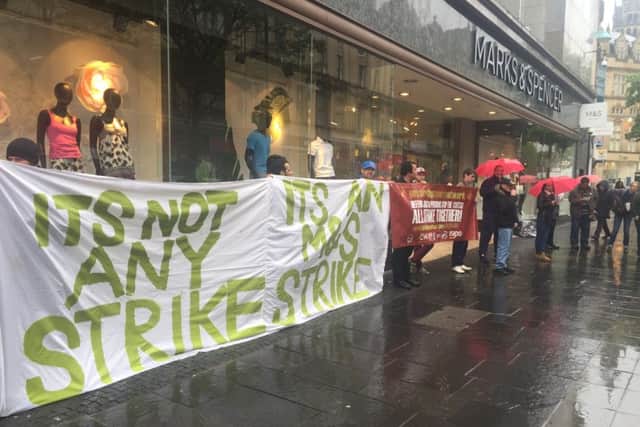 The protest was held outside M&S on Fargete where workers make their premium ready meals